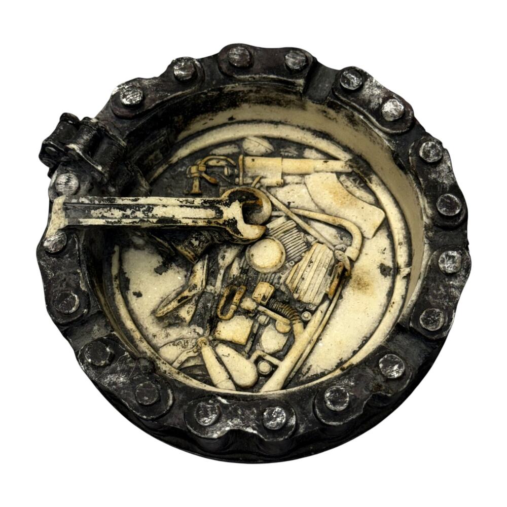 Motorcycle Biker Chain Rim Ashtray Resin Novelty Mancave Decor - Picture 1 of 7